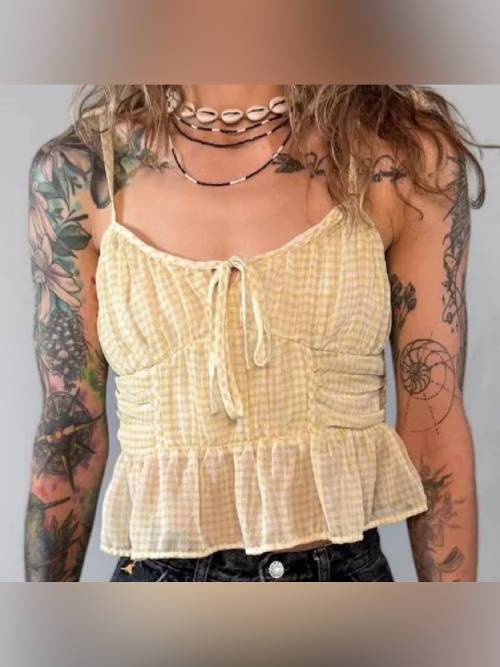 💛American Eagle Yellow Gingham Tie-Front Ruffle Corset Cami 💛